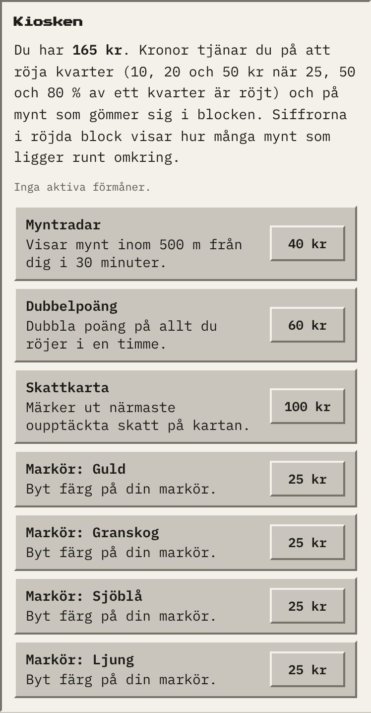 Kiosken i spelet med myntradar, dubbelpoäng och skattkarta